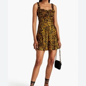 NICHOLAS SIMIE Silk Abstract Leopard Seaweed Mini Dress Rusched Bodice Straps 6